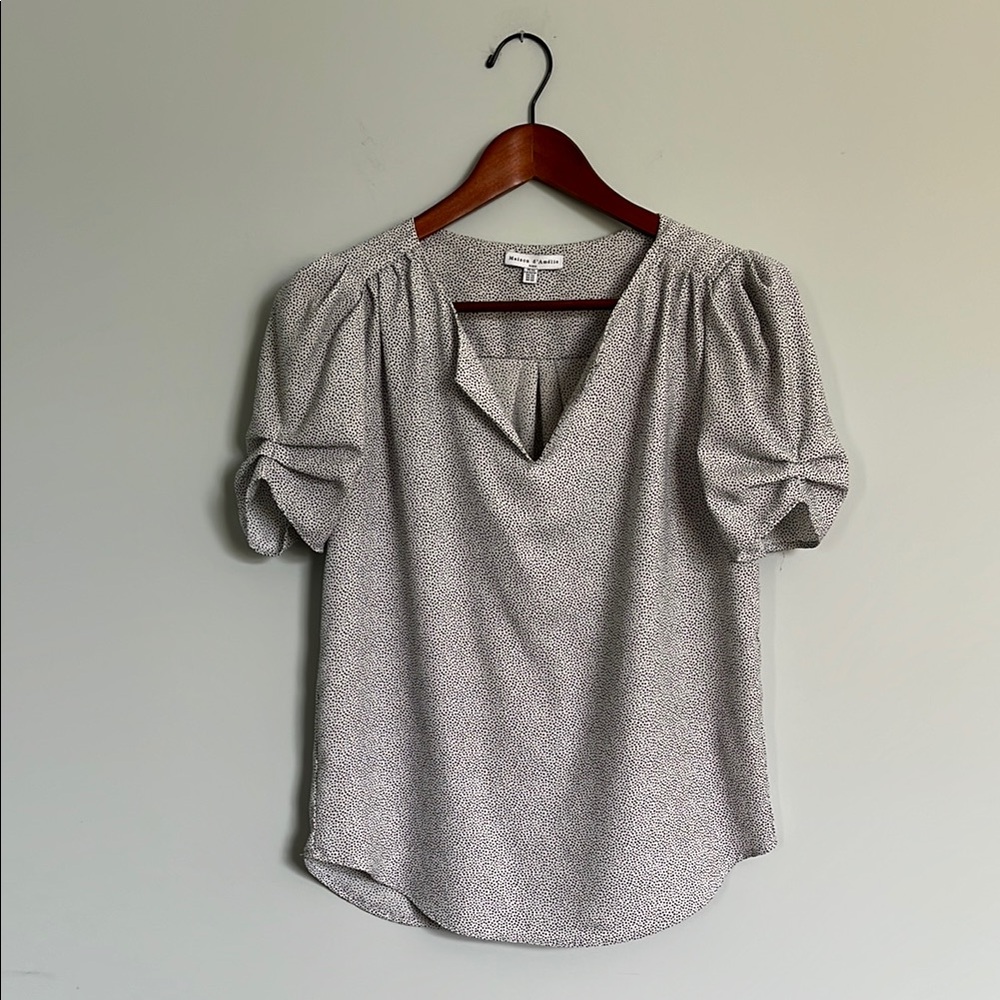 Maison d’ Amelie Paris Polka Dot Puffed Short Sleeve Blouse Pleated Details XS